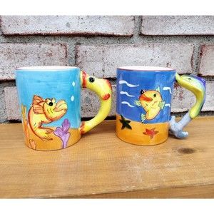 2 Fish Handle Coffee Cup Mugs